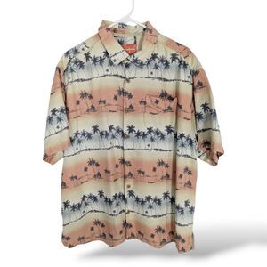 TOMMY BAHAMA Shirt Mens XL Silk Yellow Orange Palm Tree Hawaiian  Short Sleeve‎
